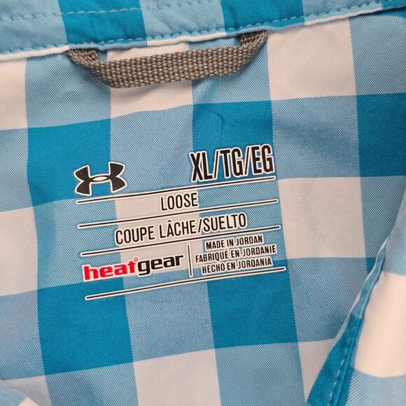 Under Armour HeatGear Men’s XL Blue Gingham Check Short Sleeve Button-Up shirt - Picture 7 of 10